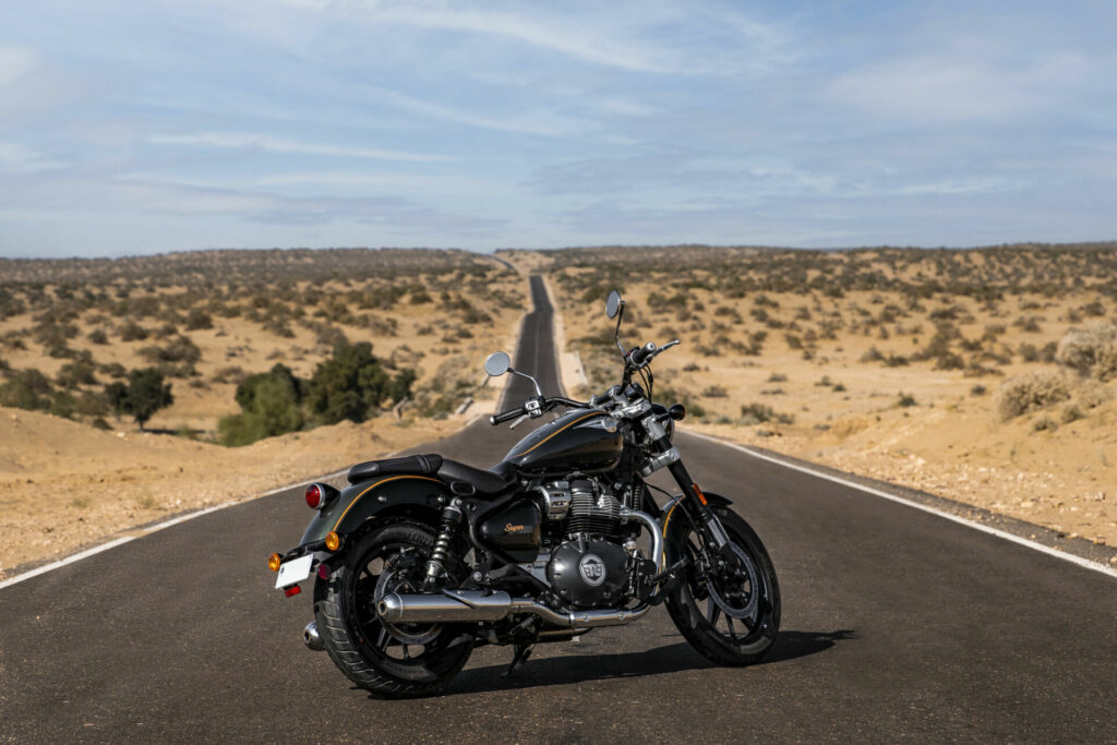 A 2023 Royal Enfield Super Meteor 650 in the deserts of India. Photo courtesy Royal Enfield.