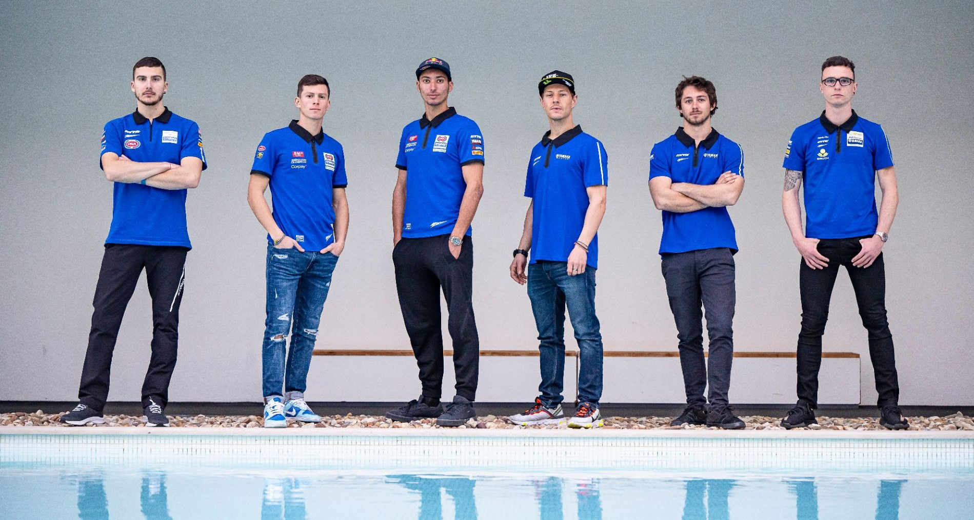 Yamaha World Superbike racers (from left) Lorenzo Baldassarri, Andrea Locatelli, Toprak Razgatlioglu, Dominique Aegerter, Remy Gardner, and Bradley Ray. Photo courtesy Yamaha.