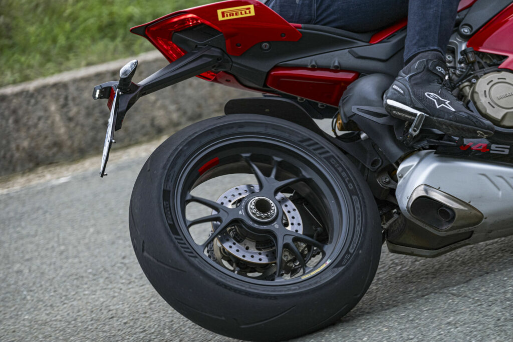 A closeup of a Pirelli Diablo Supercorsa SP V4 rear tire being used on the street. Photo courtesy Pirelli.