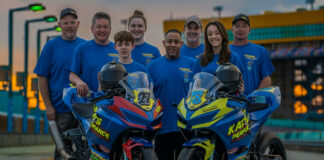 (From left) Karns Performance Team Owner Jason Karns, Chris Clark's father Fred Clark, rider Chris Clark, crew member Tori Karns, crew member Jose Archeval, Elisa Gendron-Belen's father Bruce Gendron, rider Elisa Gendron, and crew member Rich Musselman. Photo by Fast Glass Media, courtesy Karns Performance.