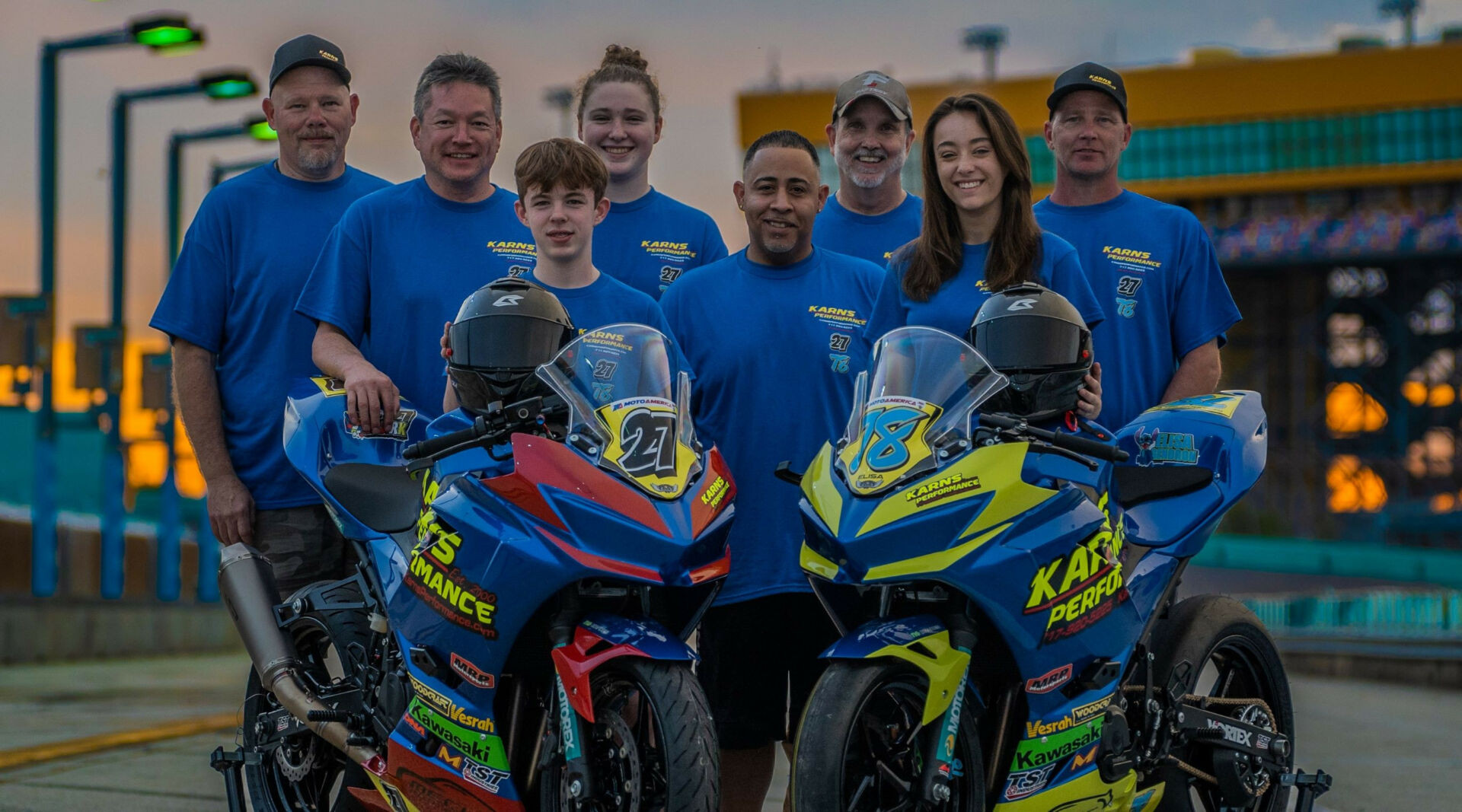 (From left) Karns Performance Team Owner Jason Karns, Chris Clark's father Fred Clark, rider Chris Clark, crew member Tori Karns, crew member Jose Archeval, Elisa Gendron-Belen's father Bruce Gendron, rider Elisa Gendron, and crew member Rich Musselman. Photo by Fast Glass Media, courtesy Karns Performance.