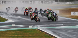 The start of World Superbike Race One Saturday at Phillip Island. Photo courtesy Dorna.
