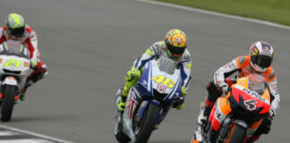 Andrea Dovizioso (4) leading Valentino Rossi (46) and Toni Elias (24) on his way to his first MotoGP victory, at Donington Park in 2009. Photo courtesy Dorna.