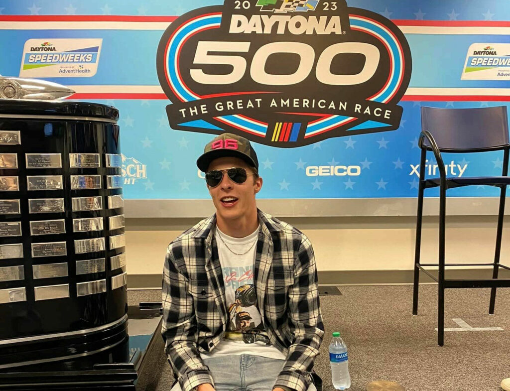 Brandon Paasch with the Daytona 500 trophy at Daytona International Speedway. Photo courtesy Brandon Paasch.