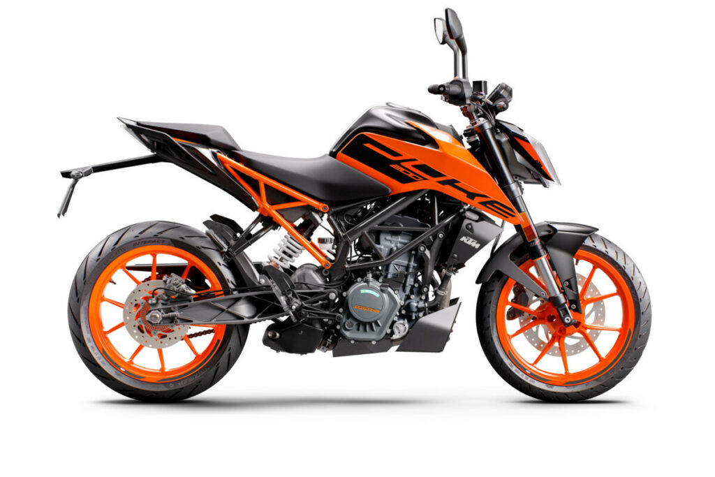 A 2023 KTM 200 Duke in its black and orange color scheme. Photo courtesy KTM.