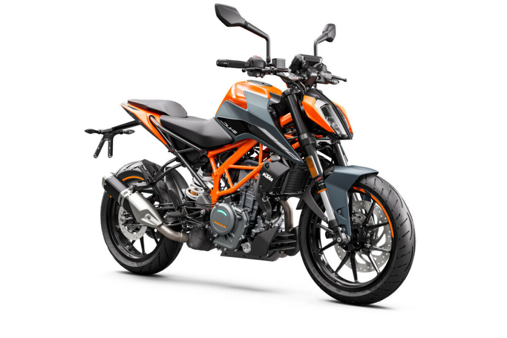 A 2023 KTM 390 Duke in its orange and blue/gray color scheme. Photo courtesy KTM.