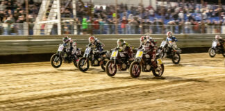 The start of the AFT SuperTwins main event at the I-70 Half-Mile in 2022 with Briar Bauman (3), Jared Mees (1), Brandon Robinson (44), and JD Beach (95) leading the charge from the front row. Photo by Tim Lester, courtesy AFT.