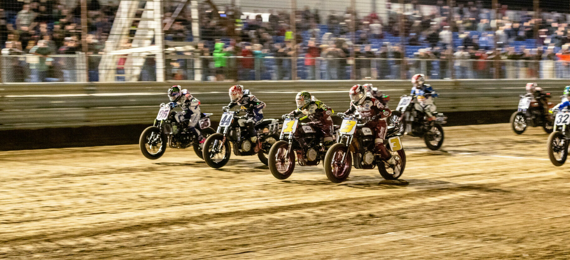 The start of the AFT SuperTwins main event at the I-70 Half-Mile in 2022 with Briar Bauman (3), Jared Mees (1), Brandon Robinson (44), and JD Beach (95) leading the charge from the front row. Photo by Tim Lester, courtesy AFT.