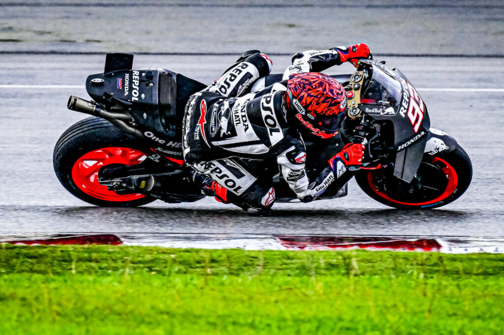 Marc Marquez (93) demonstrating the grip of the Michelin rain tires. Photo courtesy Dorna.