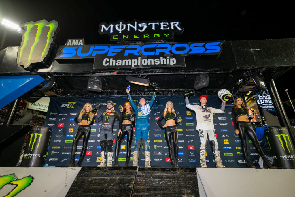 250SX Class podium (riders left to right) Nate Thrasher, Hunter Lawrence, and Max Anstie. Photo courtesy Feld Motor Sports, Inc.