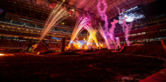 Houston has hosted a round of the Monster Energy AMA Supercross series for 46 years. NRG Stadium lights up during opening ceremonies. Photo courtesy Feld Motor Sports, Inc.