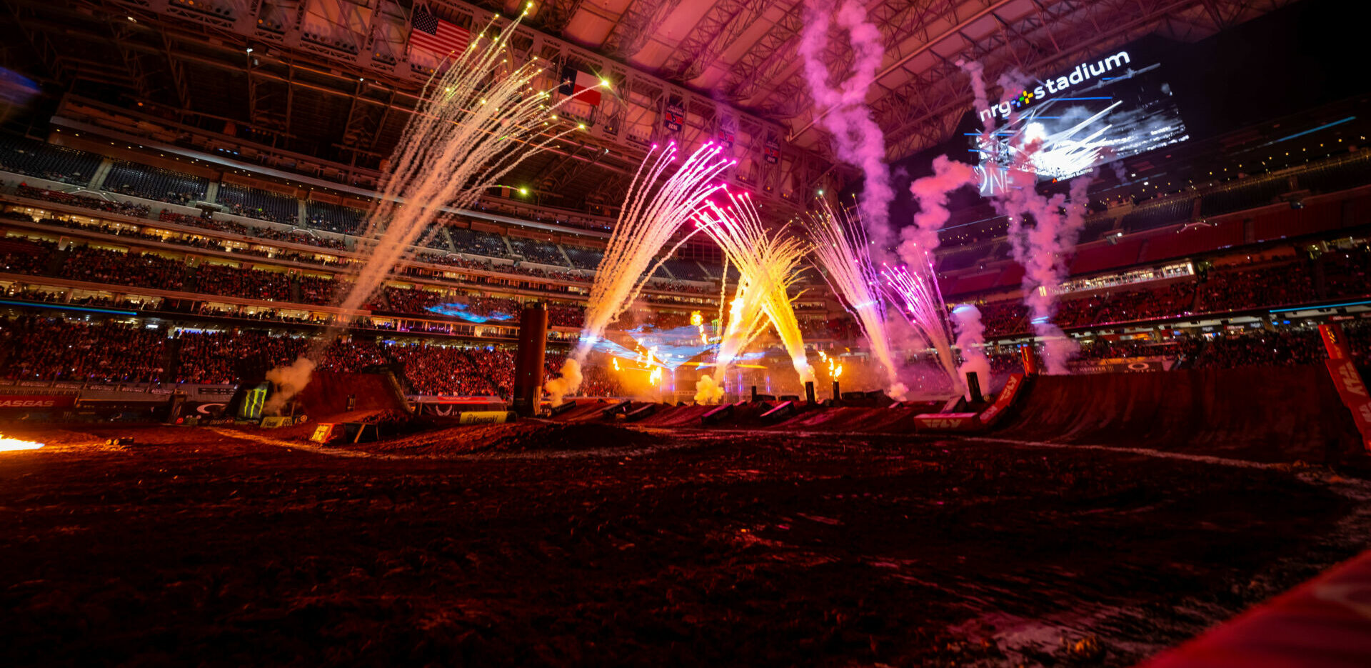 Houston has hosted a round of the Monster Energy AMA Supercross series for 46 years. NRG Stadium lights up during opening ceremonies. Photo courtesy Feld Motor Sports, Inc.