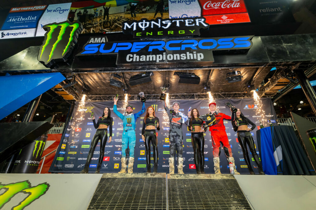 250SX Class podium (riders left to right) Jordon Smith, Hunter Lawrence, and Max Anstie. Photo courtesy Feld Motor Sports, Inc.
