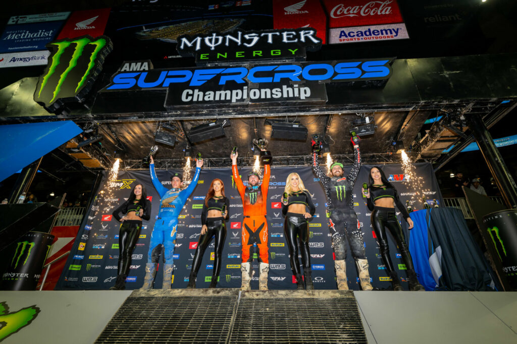 450SX Class podium (racers left to right) Chase Sexton, Eli Tomac, and Jason Anderson. Photo courtesy Feld Motor Sports, Inc.