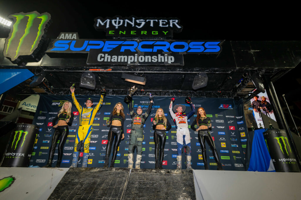 450SX Class podium (riders left to right) Chase Sexton, Cooper Webb, and Aaron Plessinger. Photo courtesy Feld Motor Sports, Inc.