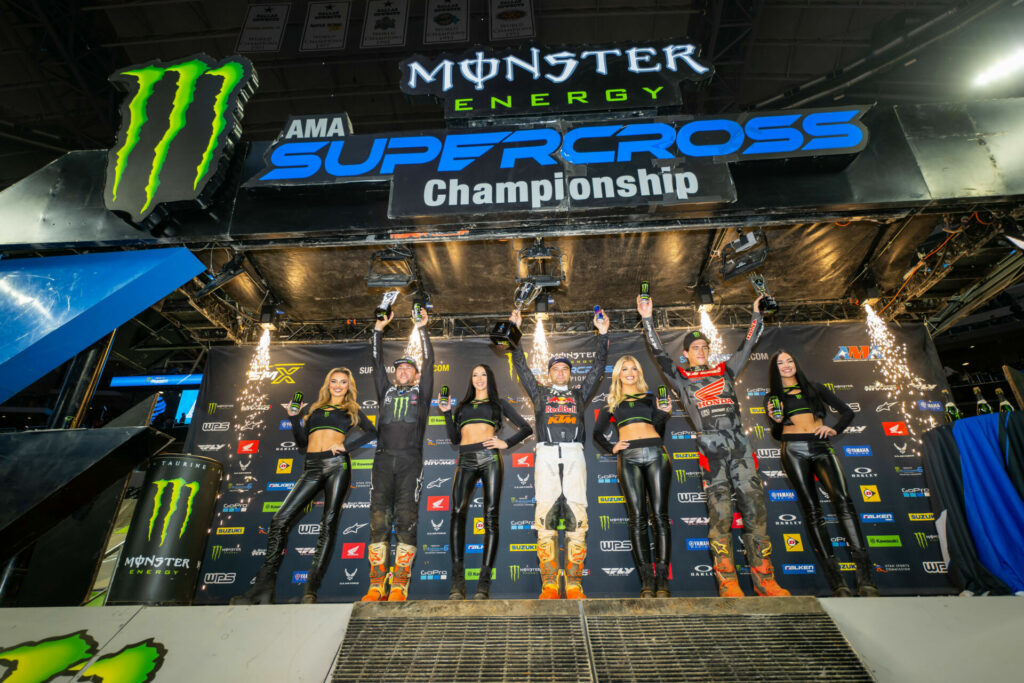 450SX Class podium (racers left to right) Eli Tomac, Cooper Webb, and Chase Sexton. Photo courtesy Feld Motor Sports, Inc.