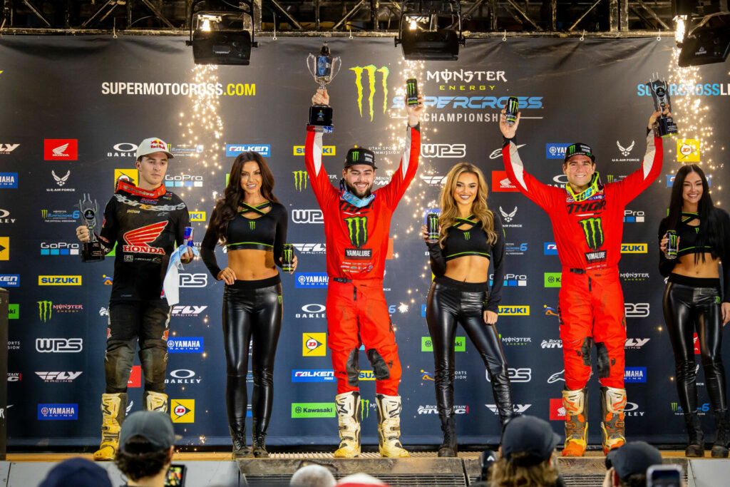 250SX Class podium (racers from left) Hunter Lawrence, Nate Thrasher, and Jordon Smith. Photo courtesy Feld Motor Sports, Inc.