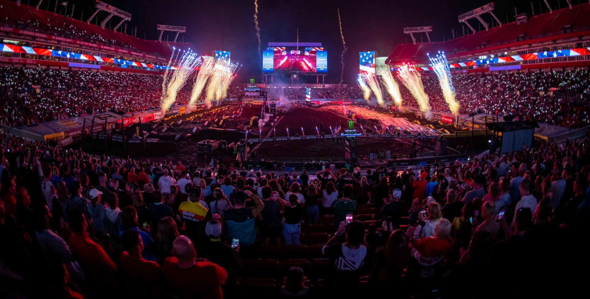 Raymond James Stadium hosted Tampa's 14th year of a Monster Energy AMA Supercross event and provided the season's traditional Military Appreciation Night. Photo courtesy Feld Motor Sports, Inc.