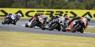 Troy Herfoss (17) leads Glenn Allerton (14), Josh Waters (21), and Mike Jones (1) early in Race One Saturday at Phillip Island. Photo courtesy ASBK.