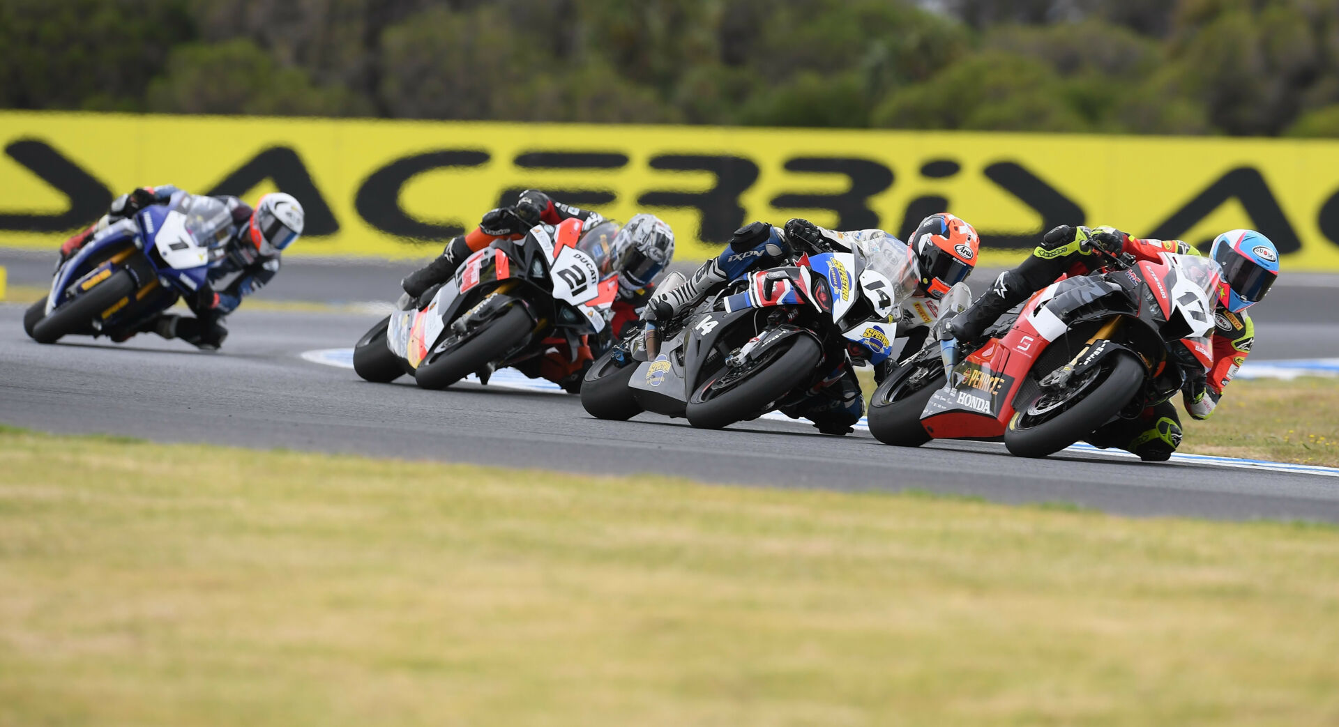 Troy Herfoss (17) leads Glenn Allerton (14), Josh Waters (21), and Mike Jones (1) early in Race One Saturday at Phillip Island. Photo courtesy ASBK.