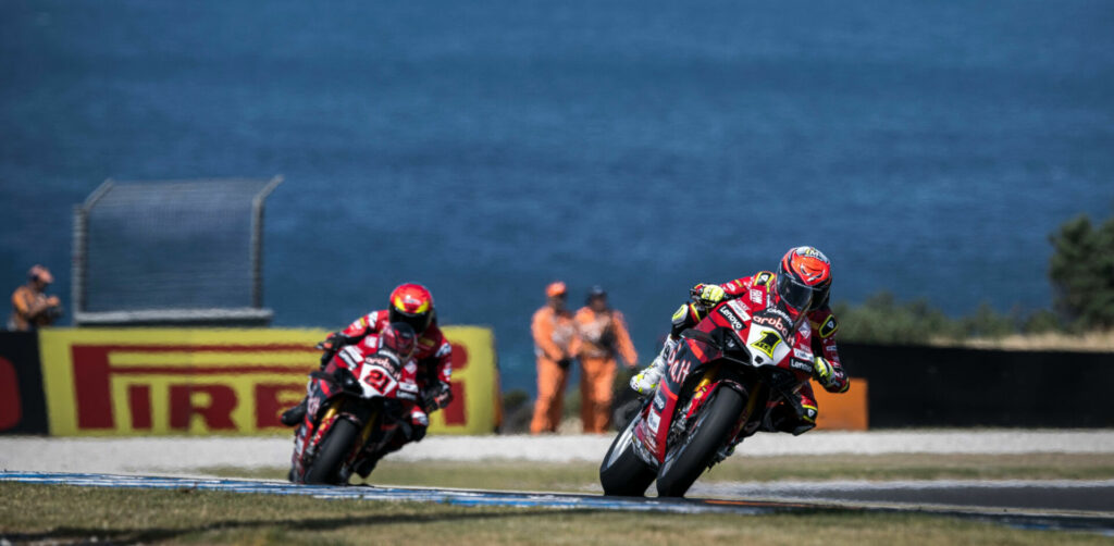 Alvaro Bautista (1) leads teammate Michael Rinaldi (21) during World Superbike practice at Phillip Island. Photo courtesy Aruba.it Racing Ducati.