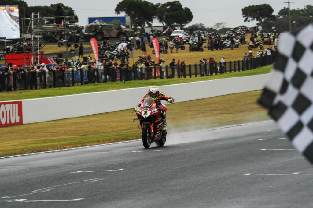 Alvaro Bautista (1) started 2023 off by winning Race One at Phillip Island. Photo courtesy Dorna.