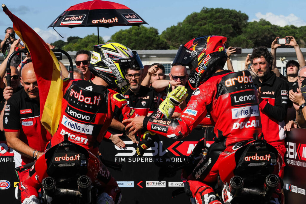 Alvaro Bautista (left) and teammate Michael Rinaldi (right) in Parc Ferme. Photo courtesy Dorna.