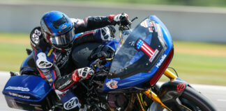 6D Helmets-sponsored Kyle Wyman (1), as seen during the 2022 MotoAmerica Mission King Of The Baggers season. Photo by Brian J. Nelson.