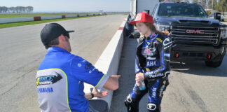 Four-time AMA Superbike Champion and rider coach Josh Hayes (left) works with MP13 Racing Yamaha MotoAmerica Twins Cup racer Kayla Yaakov during a test at Buttonwillow. Photo by David Swarts.