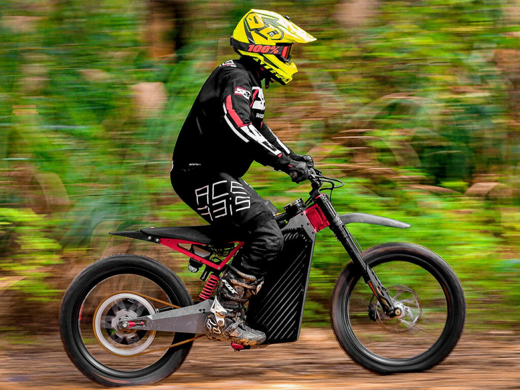 A Graft EO.12 electric off-road bike being ridden by Graft Owner and Chief Engineer Azizi Tucker. Photo courtesy Graft.