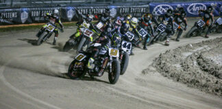 Jared Mees (9) leads the SuperTwins main event at Daytona Short Track II in 2020. Photo by Scott Hunter courtesy AFT.