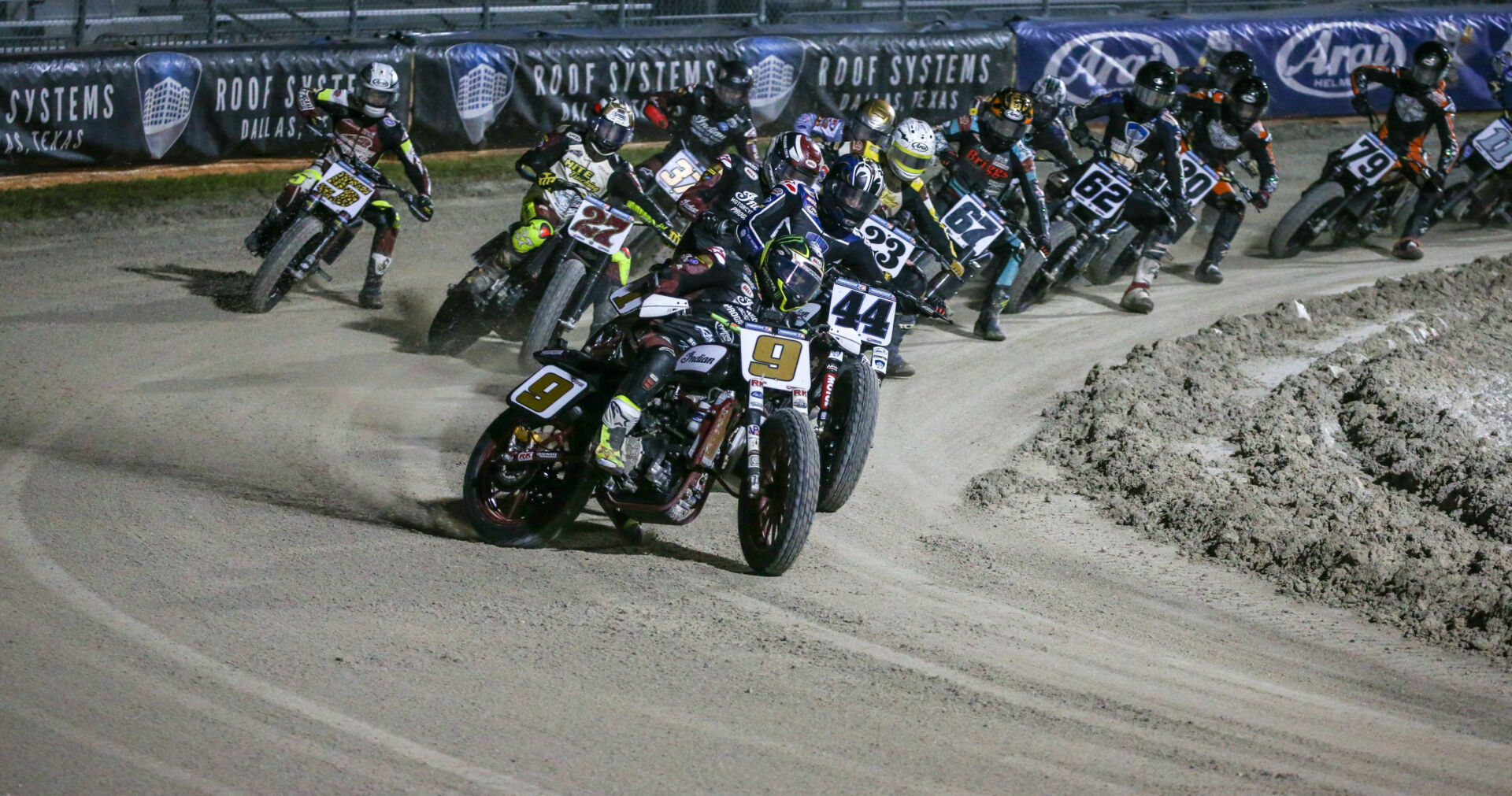 Jared Mees (9) leads the SuperTwins main event at Daytona Short Track II in 2020. Photo by Scott Hunter courtesy AFT.