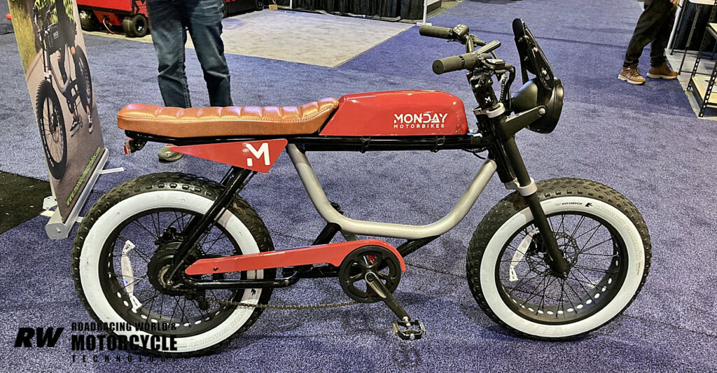 The Anza by Monday Motorbikes is an example of an electric-assisted pedal bicycle. Range of 30 to 40 miles, top speed between 25 and 28 mph depending on configuration, and a beginning retail price of $1,699. Photo by Michael Gougis.