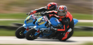 2022 MiniGP Motul Ohvale Cup frontrunner Ben Hardwick (5) and eventual Champion Vincent Lalande (4) during a race at Lombardy Raceway in 2022. Photo: courtesy of CSBK.