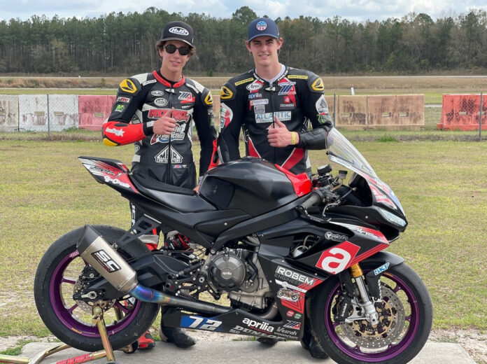 Image 2-28-23 at 10.22 AM Gus Rodio (left) and Ben Gloddy (right) will race Rodio Racing Powered by Robem Engineering Aprilias in MotoAmerica Twins Cup. Photo courtesy Rodio Racing Powered by Robem Engineering.