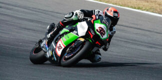 Isaac Vinales (32) on a Team Pedercini Kawasaki at Estoril in 2022. Photo courtesy Team Pedercini Racing.