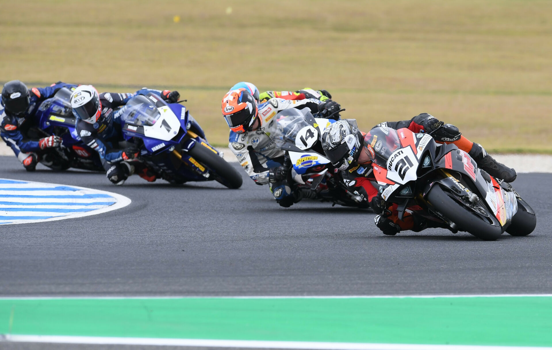 Josh Waters (21) leads Glenn Allerton (14), Mike Jones (1), and the rest during an Australian Superbike race Sunday at Phillip Island. Photo courtesy ASBK.