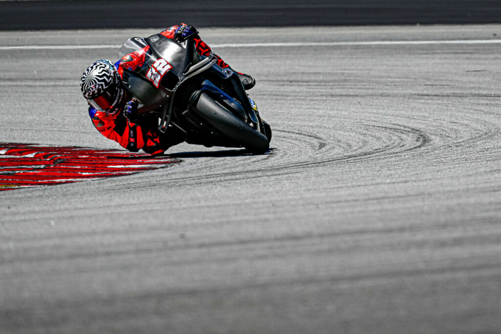 Aprilia test rider Lorenzo Savadori (32) continued evaluating new aero updates on the RS-GP. Photo courtesy Dorna.