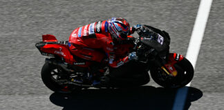 Ducati test rider Michele Pirro (51) tucked in on a Desmosedici GP23 at Sepang. Photo courtesy Dorna.