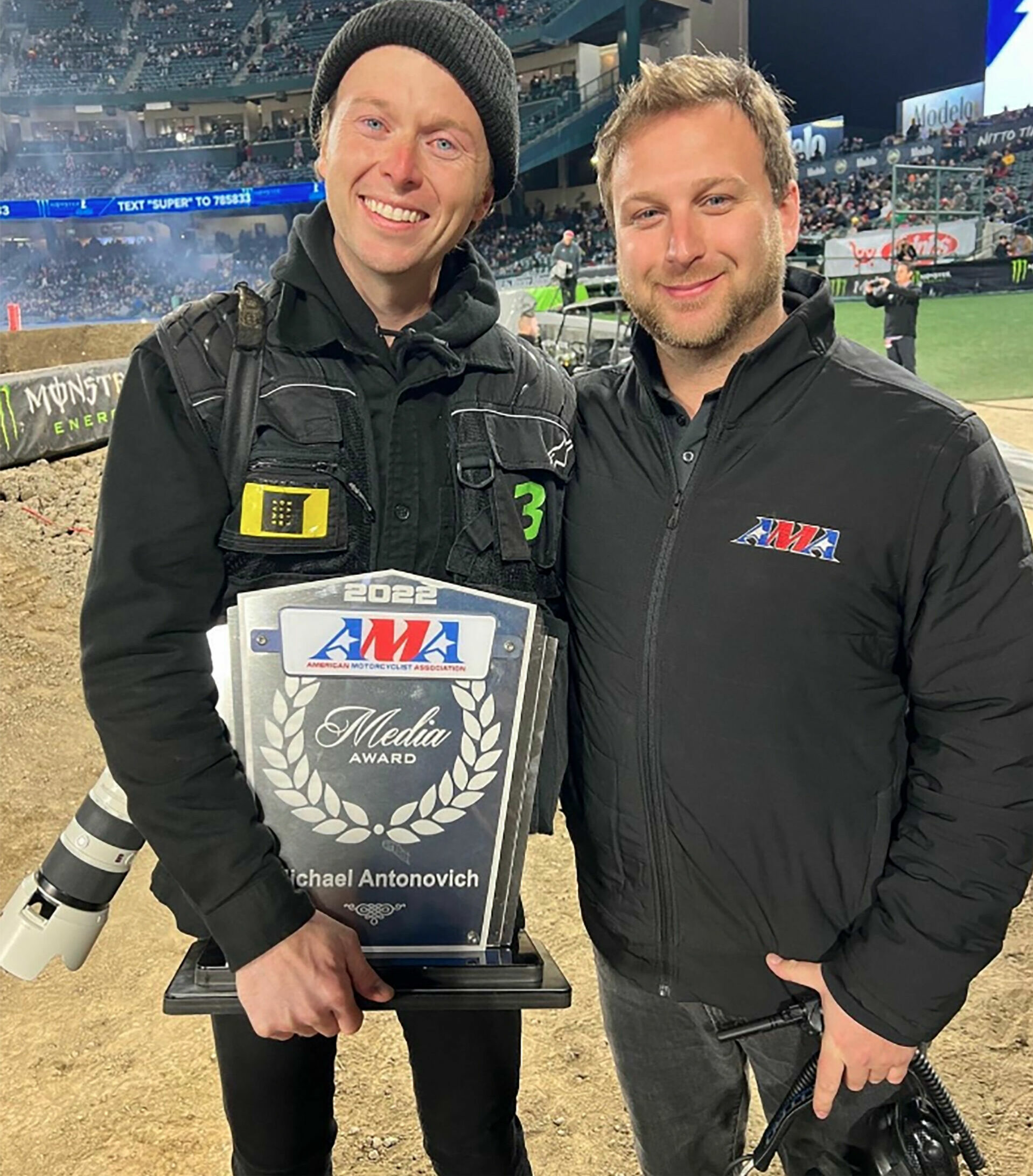 AMA Media Award winner Michael Antonovich (left) receiving his honor from AMA Director of Racing Mike Pelletier (right). Photo courtesy AMA.