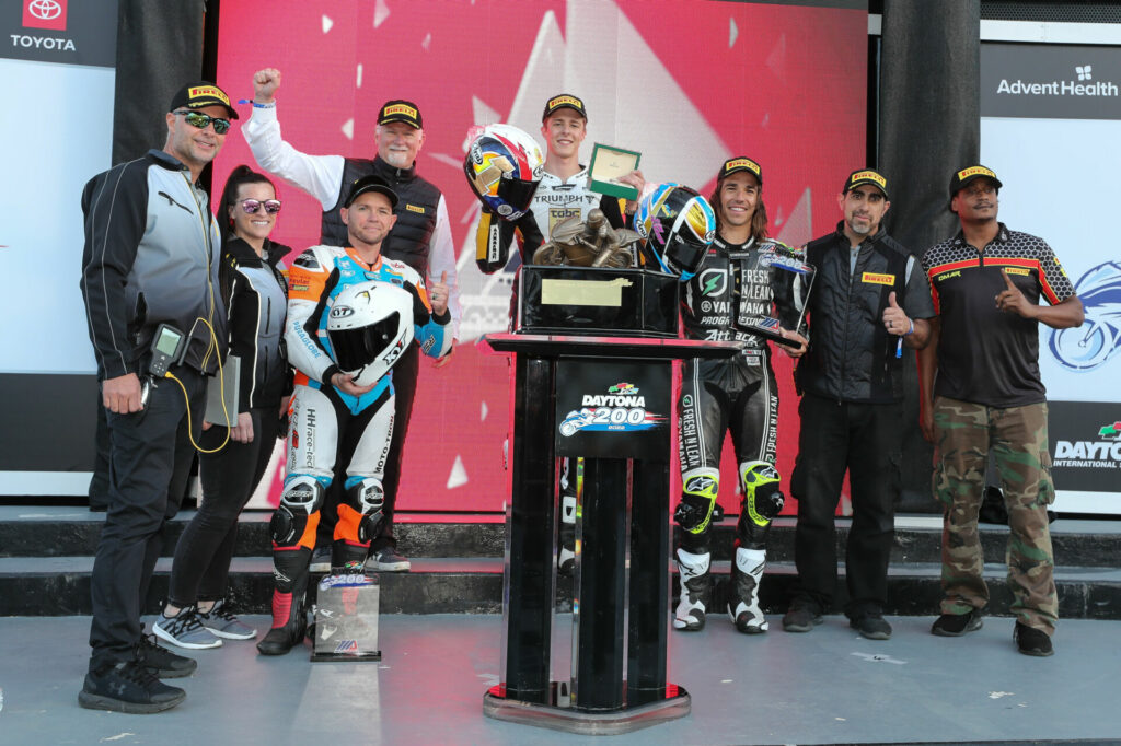 Pirelli swept the podium in 2022 with Brandon Paasch (center), Cam Petersen (right), and Sheridan Morais (left). Photo by Brian J. Nelson, courtesy Pirelli.