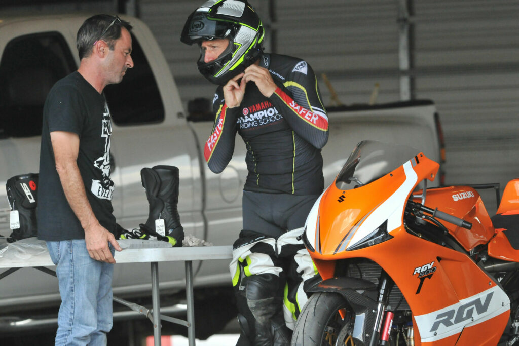 I’ve had the pleasure to ride and report on a few of Steve Long’s (left) Speedwerks machines before; this RGv250 with an RG500 engine I rode last year was the highlight…so far. Photo by TheSBimage.com, courtesy Nick Ienatsch.