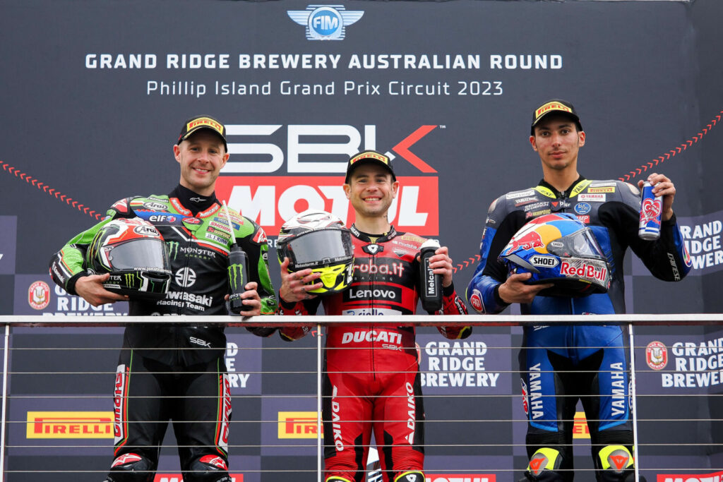 Race One winner Alvaro Bautista (center), runner-up Jonathan Rea (left), and third-place finisher Toprak Razgatlioglu (right). Photo courtesy Dorna.