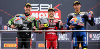 Race One winner Alvaro Bautista (center), runner-up Jonathan Rea (left), and third-place finisher Toprak Razgatlioglu (right). Photo courtesy Dorna.