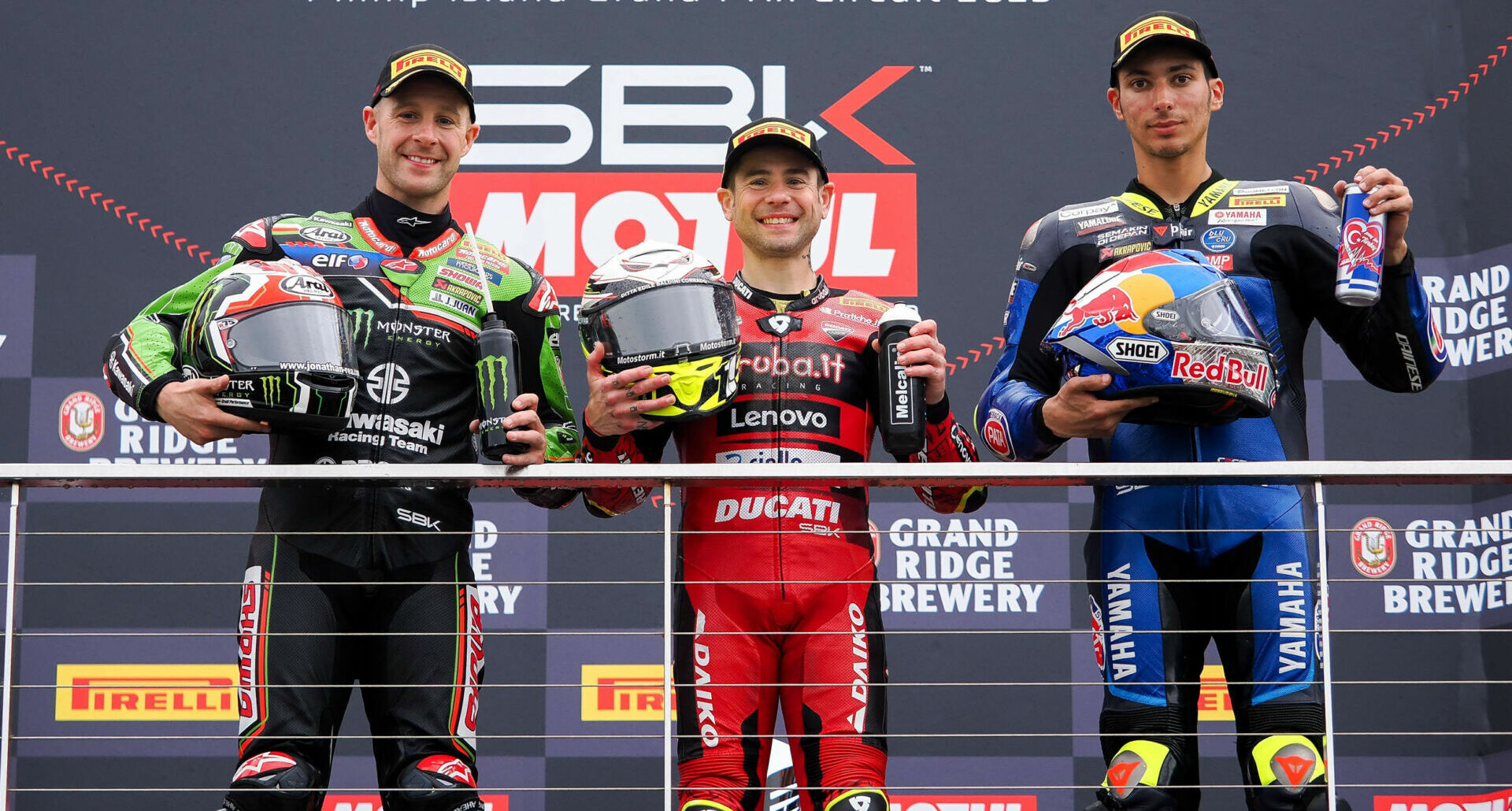 Race One winner Alvaro Bautista (center), runner-up Jonathan Rea (left), and third-place finisher Toprak Razgatlioglu (right). Photo courtesy Dorna.