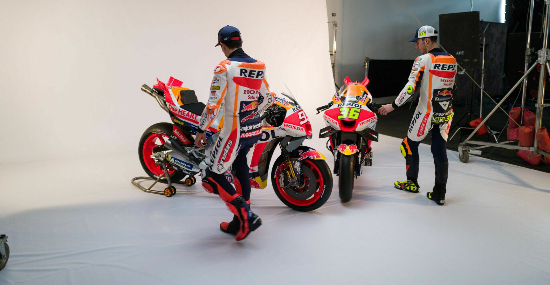 Marc Marquez (left) and Joan Mir (right) at the 2023 Repsol Honda MotoGP photo shoot. Photo courtesy Repsol Honda.