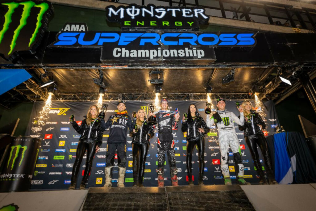 250SX Class podium (riders from left) RJ Hampshire, Jett Lawrence, and Cameron McAdoo. Photo courtesy Feld Motor Sports, Inc.