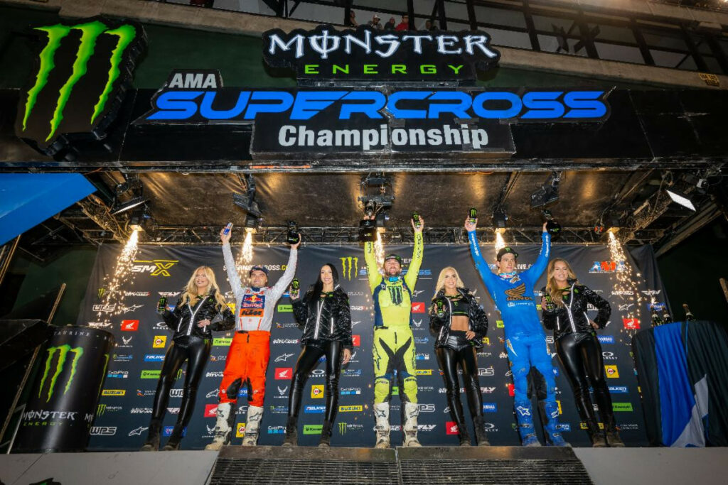 450SX Class podium (riders from left) Cooper Webb, Eli Tomac, and Chase Sexton. Photo courtesy Feld Motor Sports, Inc.