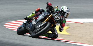 Stefano Mesa (137) at speed on his Tytlers Cycle Racing Energica at Laguna Seca in 2022. Photo courtesy Energica.
