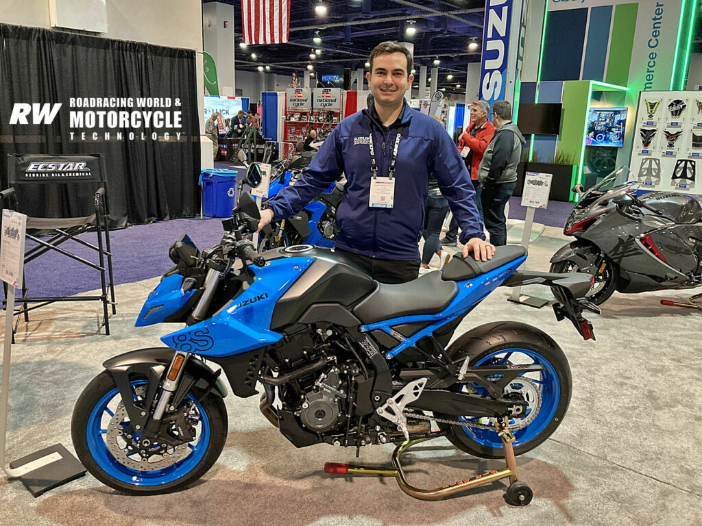 Chase Rastegar, Assistant Manager of National Sales and Dealer Development for Suzuki Motor USA, with the company's new GSX-8S. The 776cc Twin has clutchless up- and down-shifting, traction control, ABS and a range of power modes. Photo by Michael Gougis.